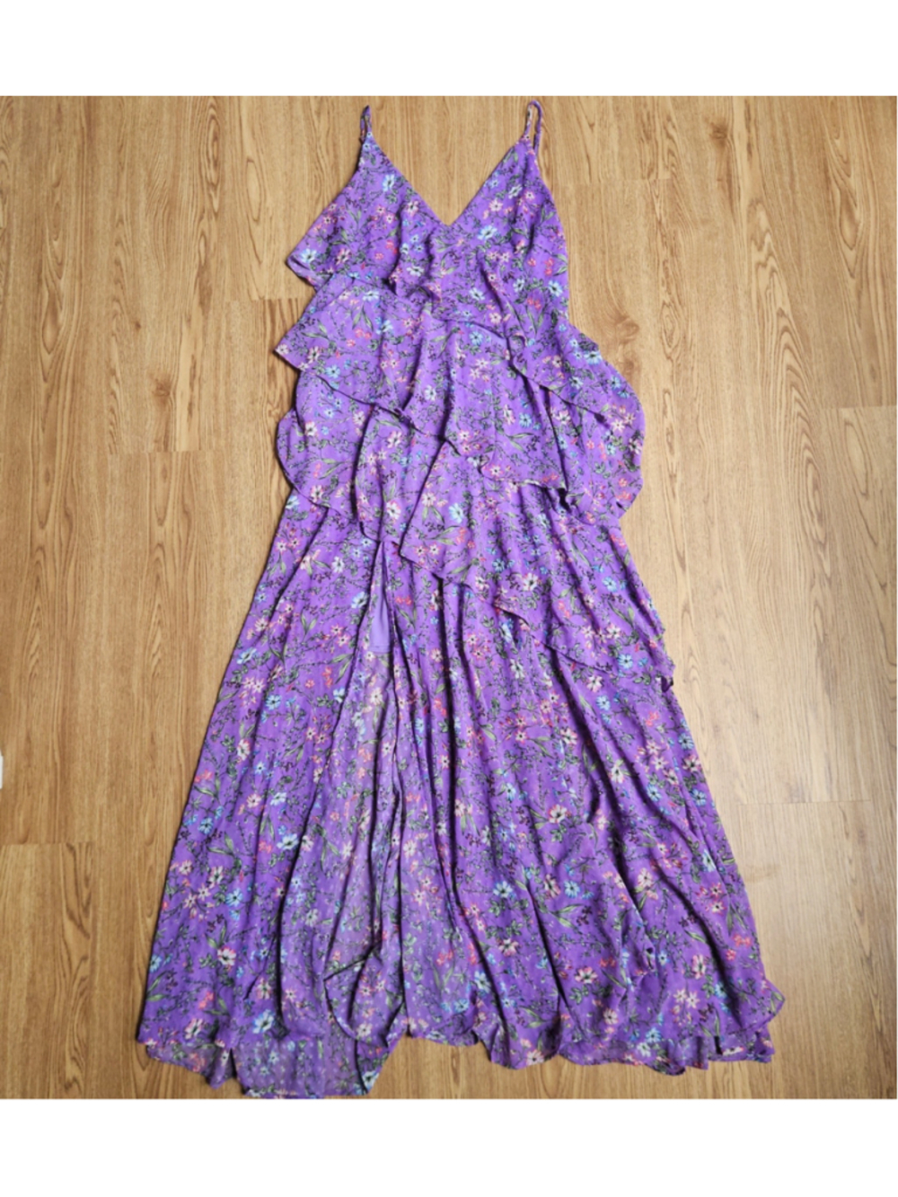 ASTR The Label Purple Floral Tiered Ruffle Maxi Dress Tank Straps Womens Large